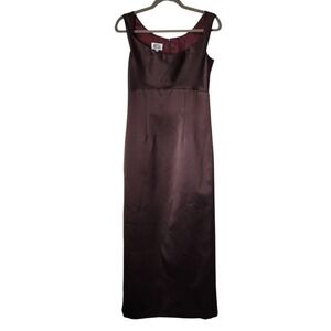 ODESSA Satin column Maxi Dress Brown Square‎ Neck Minimal 90s Formal 6